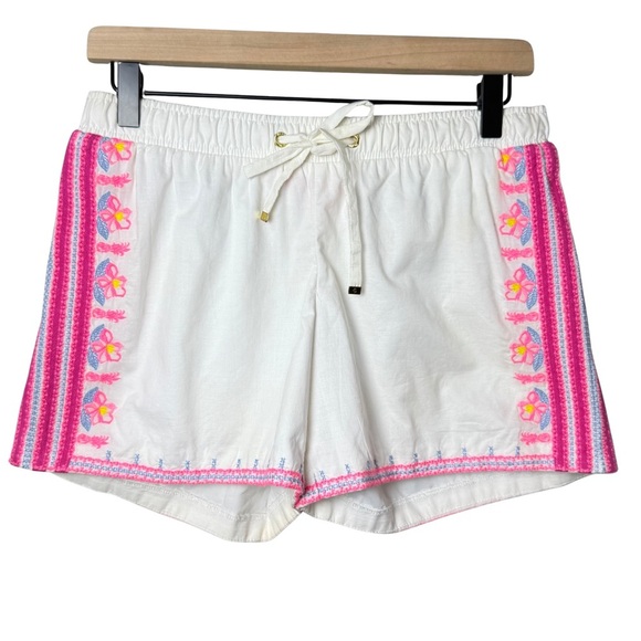 Lilly Pulitzer Womens Katia Pink Embroidered Flower White Shorts Elastic Waist S - Picture 1 of 12